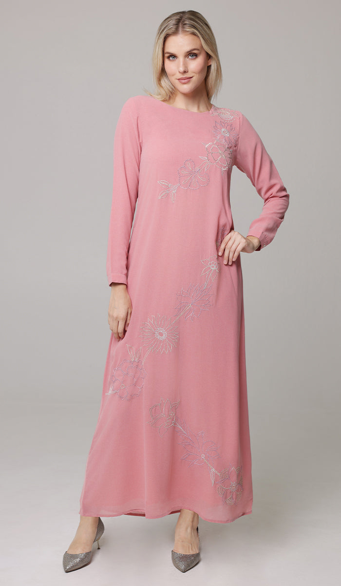 Saman Embroidered Chiffon Modest Long Maxi Dress - Candy