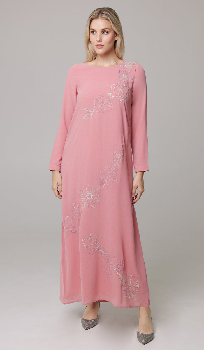 Saman Embroidered Chiffon Modest Long Maxi Dress - Candy