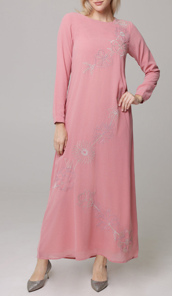 Saman Embroidered Chiffon Modest Long Maxi Dress - Candy