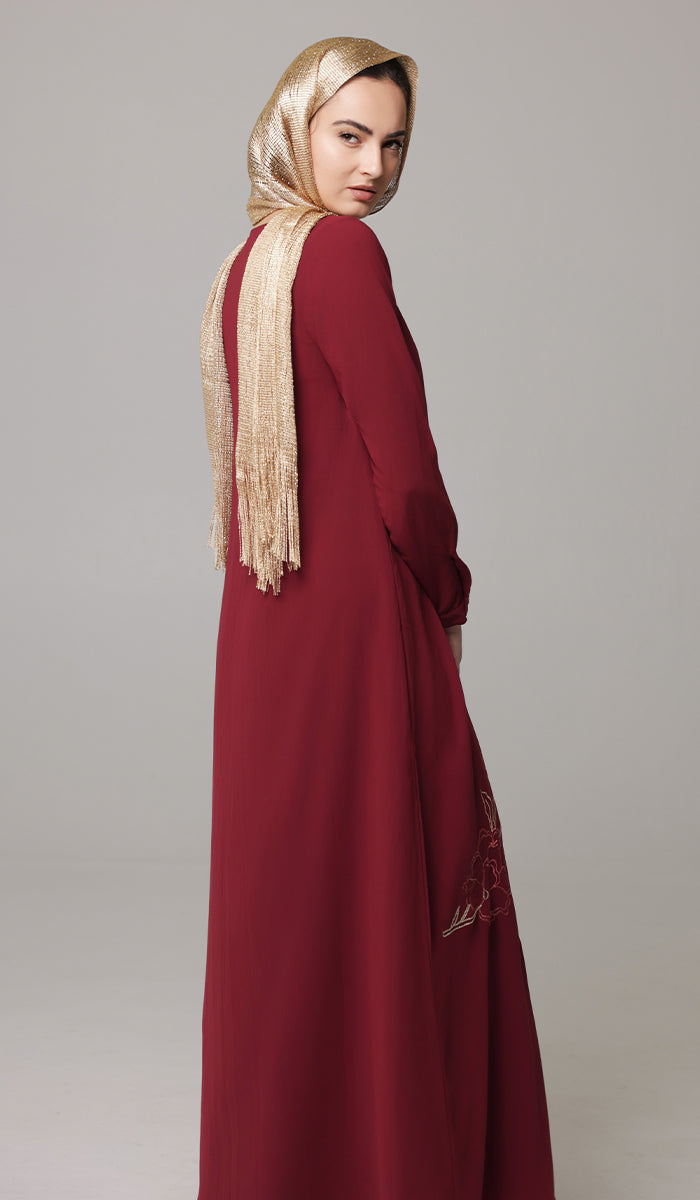 Saman Embroidered Chiffon Modest Long Maxi Dress - Ruby- PREORDER (ships in 2 weeks)