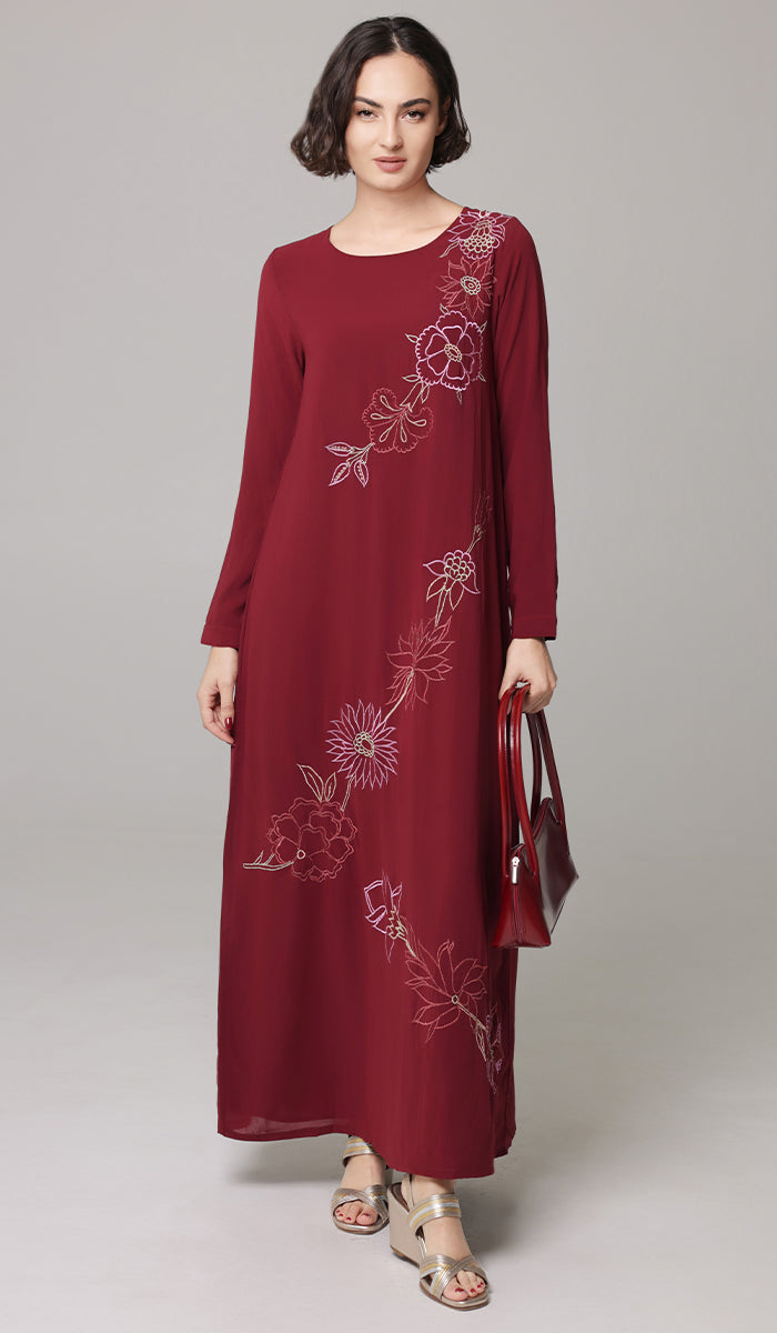 Saman Embroidered Chiffon Modest Long Maxi Dress - Ruby- PREORDER (ships in 2 weeks)