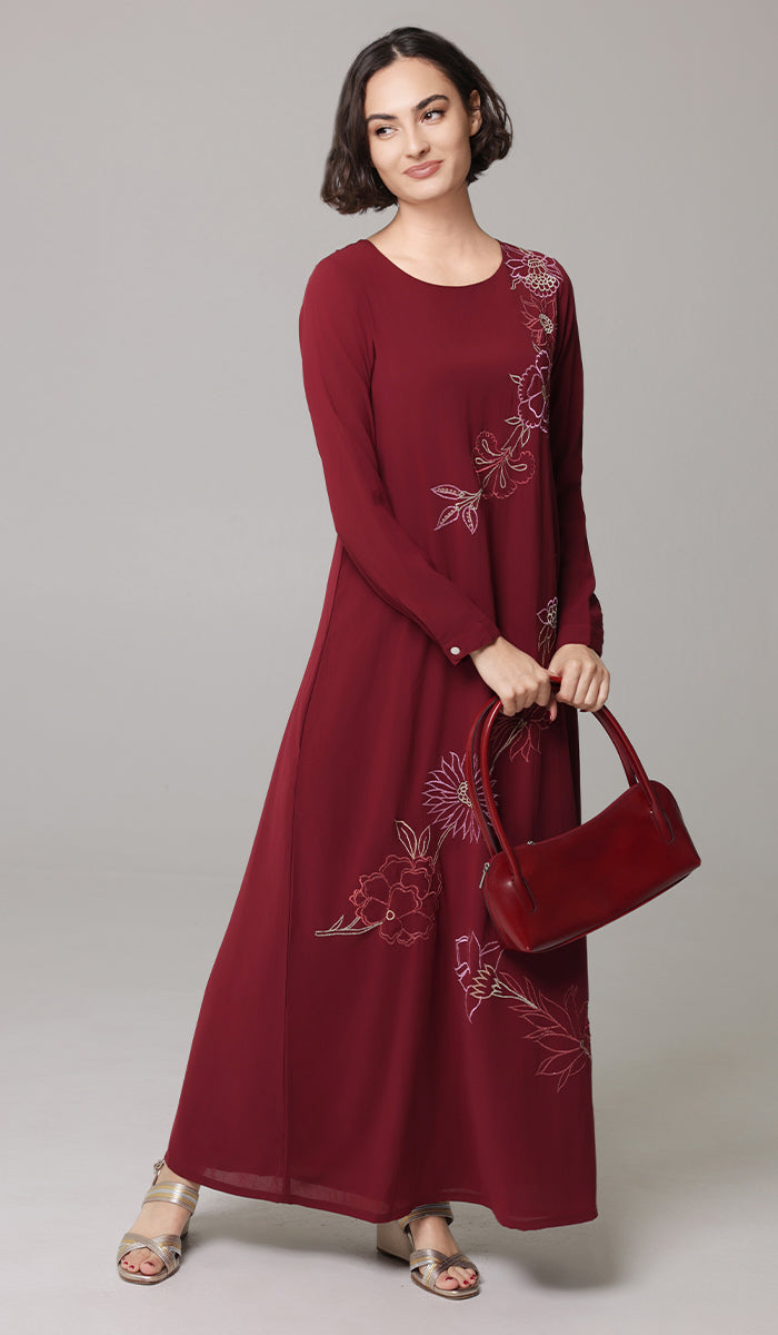 Saman Embroidered Chiffon Modest Long Maxi Dress - Ruby- PREORDER (ships in 2 weeks)