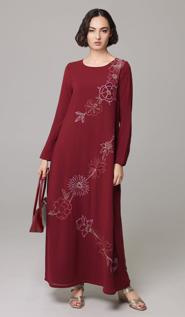 Saman Embroidered Chiffon Modest Long Maxi Dress - Ruby- PREORDER (ships in 2 weeks)