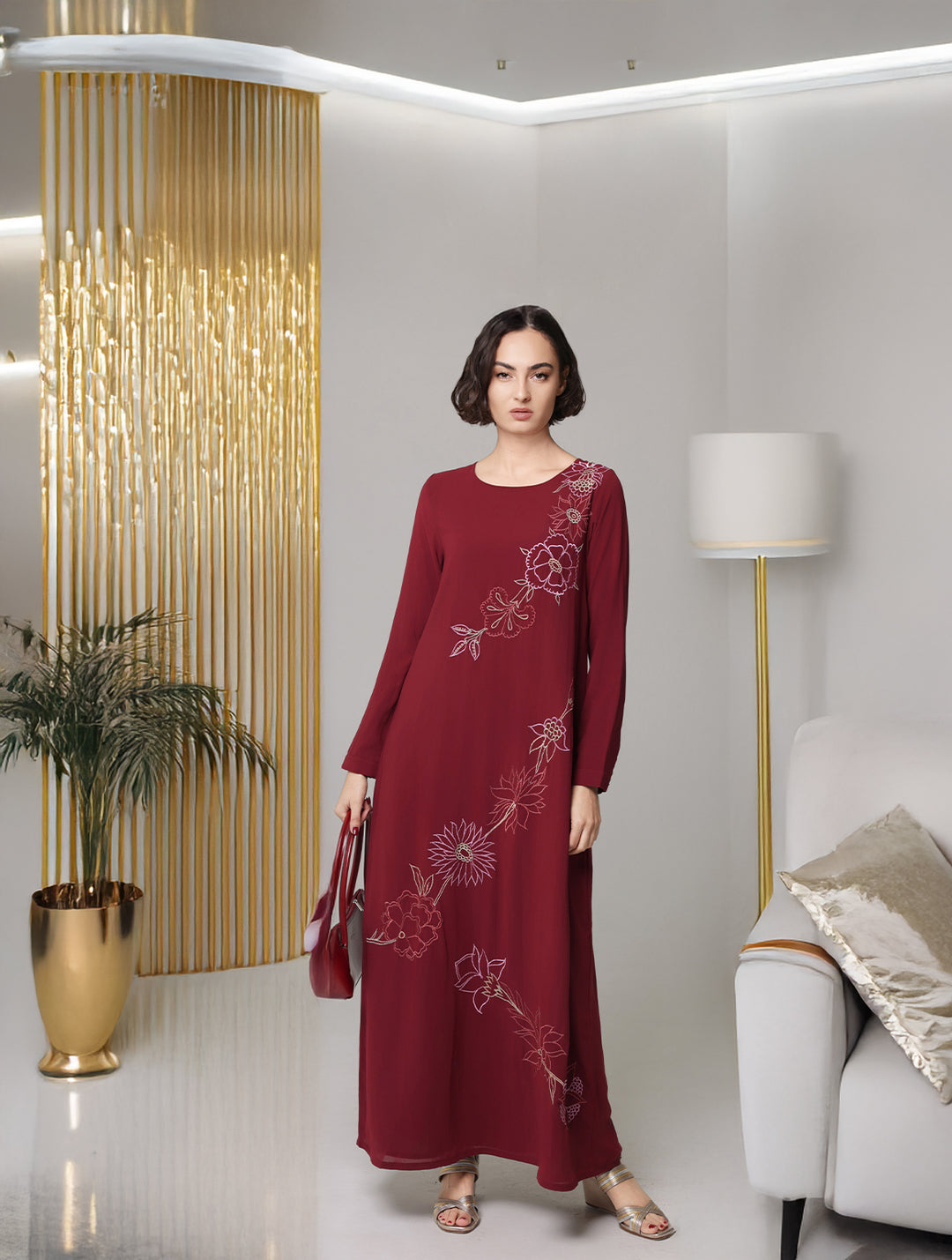 Saman Embroidered Chiffon Modest Long Maxi Dress - Ruby