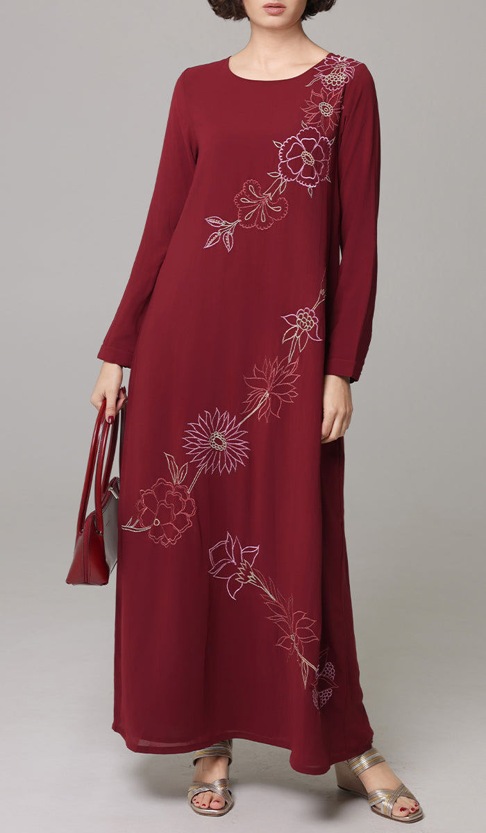 Saman Embroidered Chiffon Modest Long Maxi Dress - Ruby- PREORDER (ships in 2 weeks)