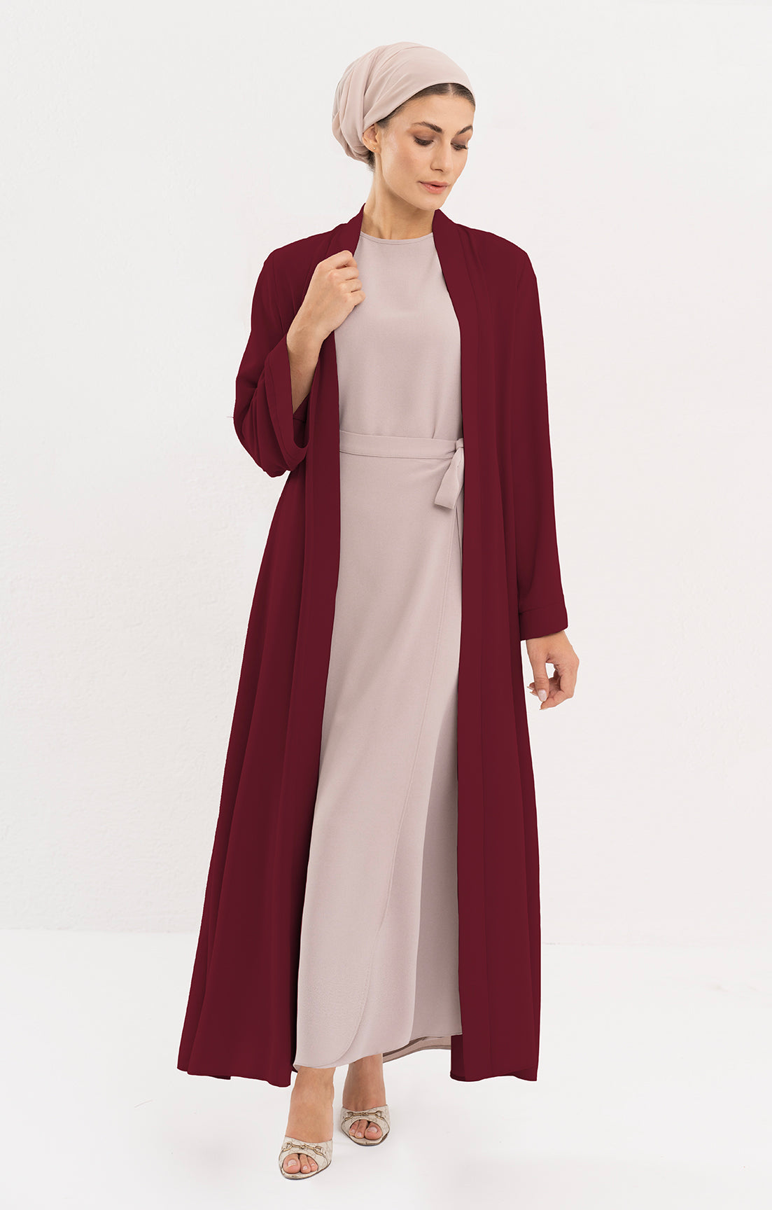 Sebil Modest Long Open Front Duster Jacket Maroon Modest Muslim Dresses Artizara USA 10 L 42 in. 107 cm Garment Chest