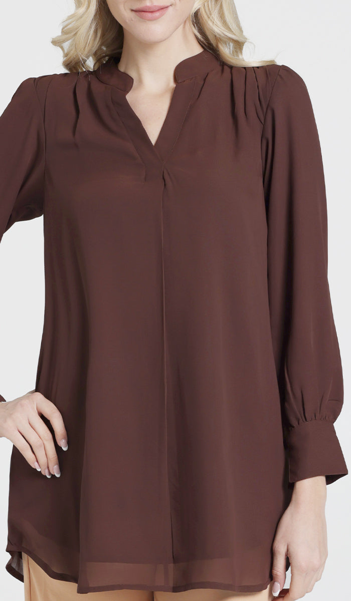 Thumbnail view of model wearing a brown chiffon Shaina top. 