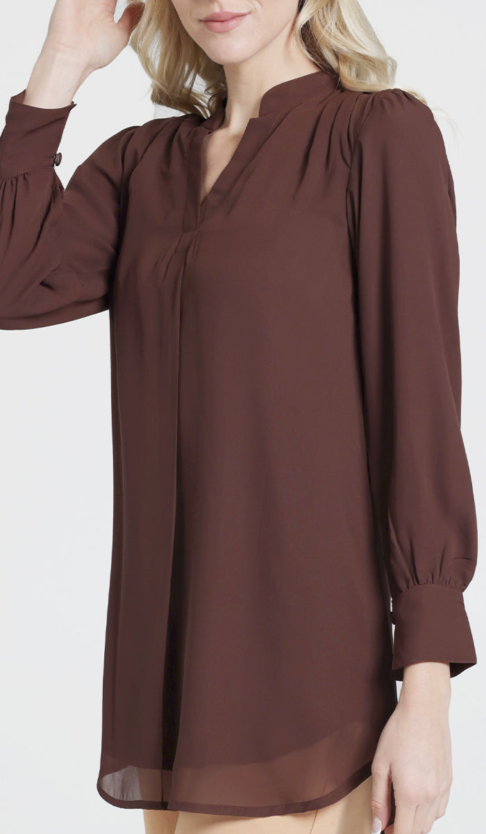 Model wearing brown Shaina chiffon top.