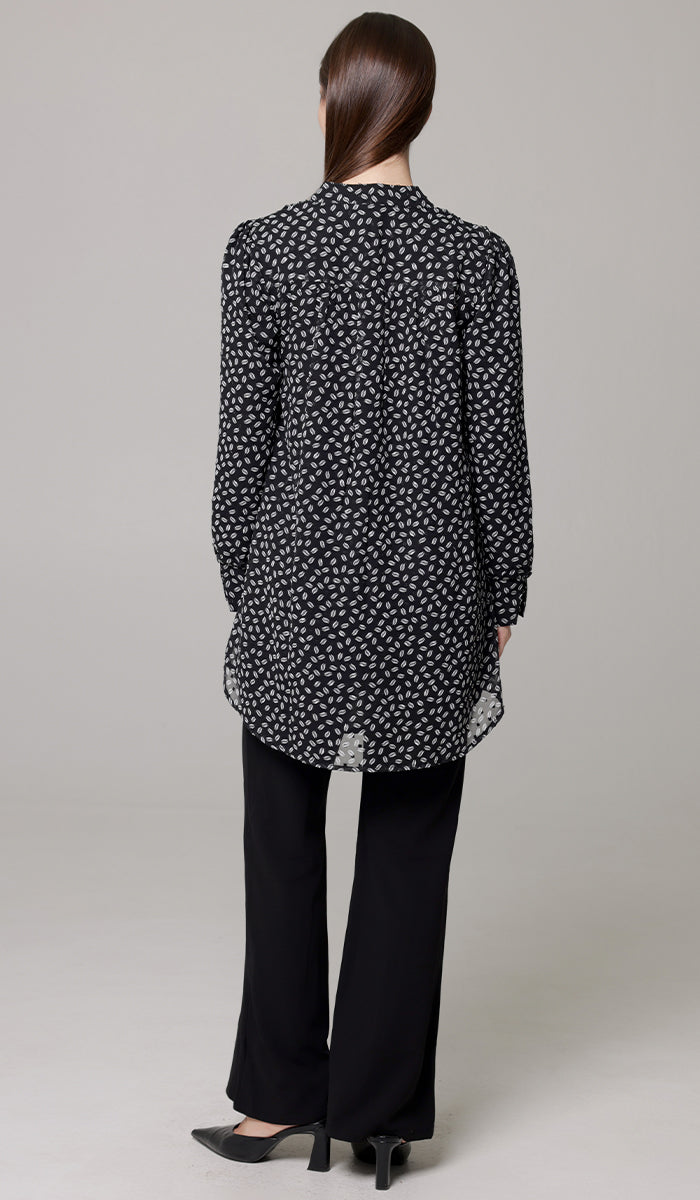 Shaina Long Chiffon Print Modest Top - Black/White Dot - PREORDER (ships in 2 weeks)