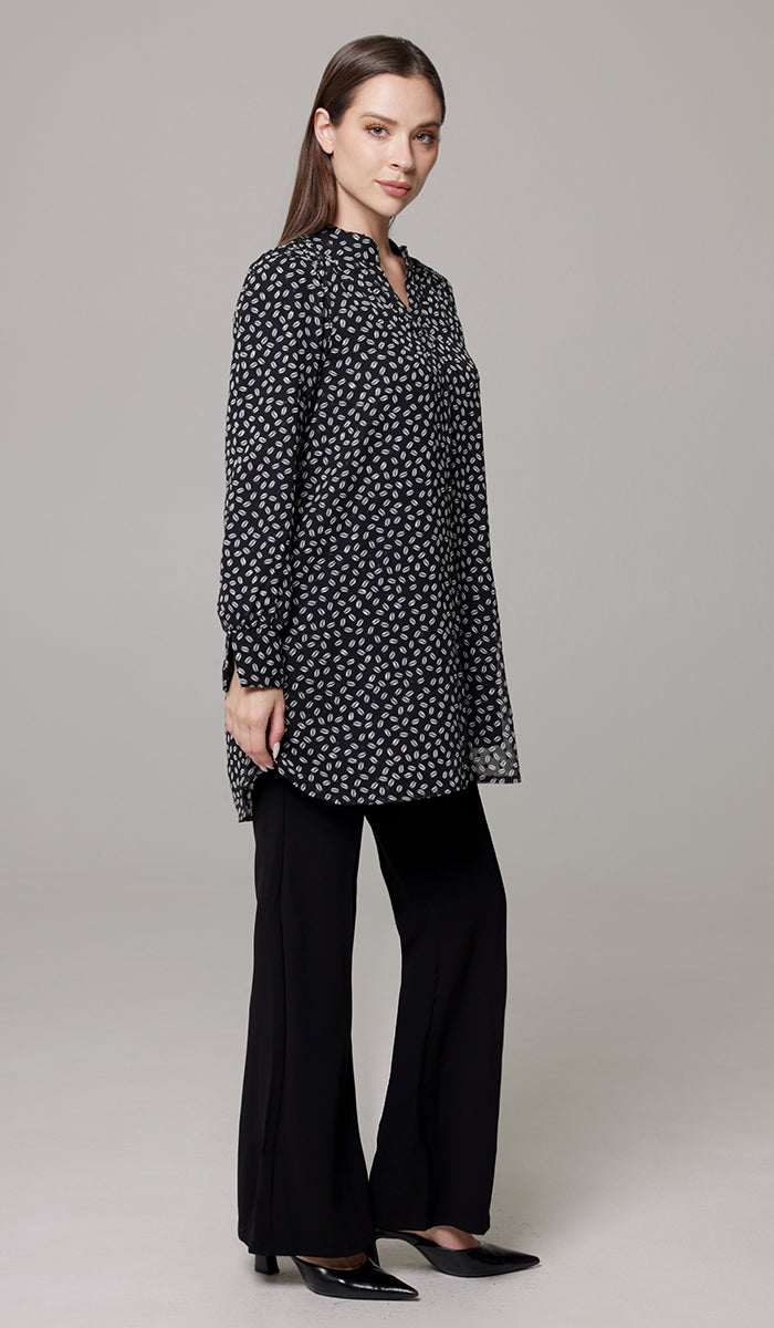 Shaina Long Chiffon Print Modest Top - Black/White Dot - PREORDER (ships in 2 weeks)