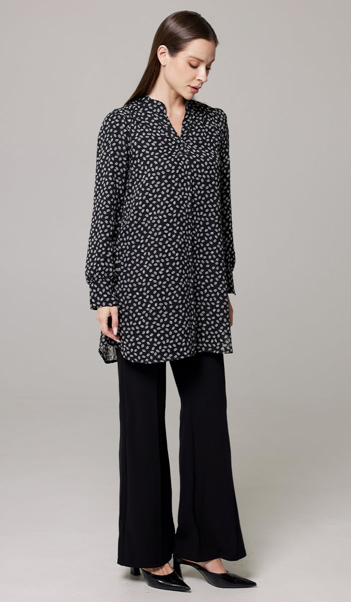 Shaina Long Chiffon Print Modest Top - Black/White Dot - PREORDER (ships in 2 weeks)