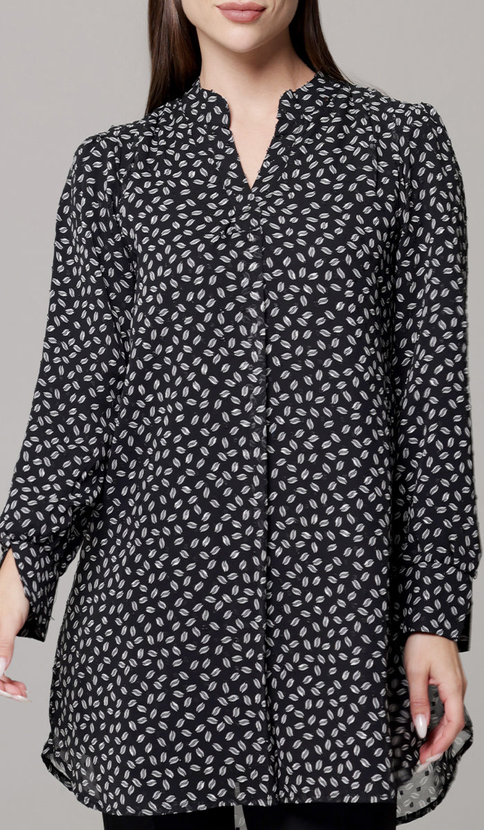 Shaina Long Chiffon Print Modest Top - Black/White Dot - PREORDER (ships in 2 weeks)