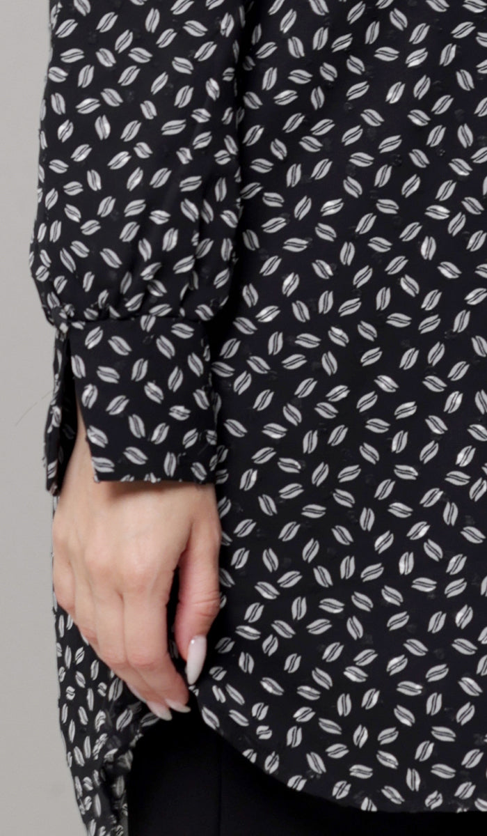 Shaina Long Chiffon Print Modest Top - Black/White Dot - PREORDER (ships in 2 weeks)