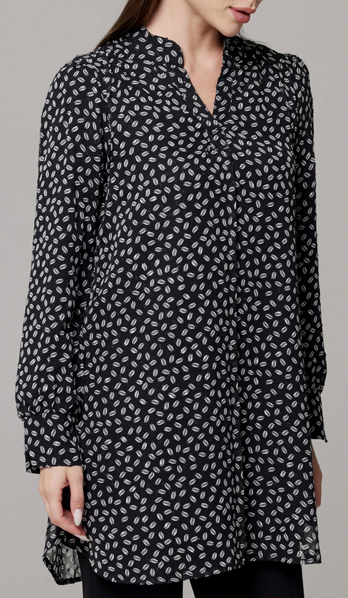 Shaina Long Chiffon Print Modest Top - Black/White Dot