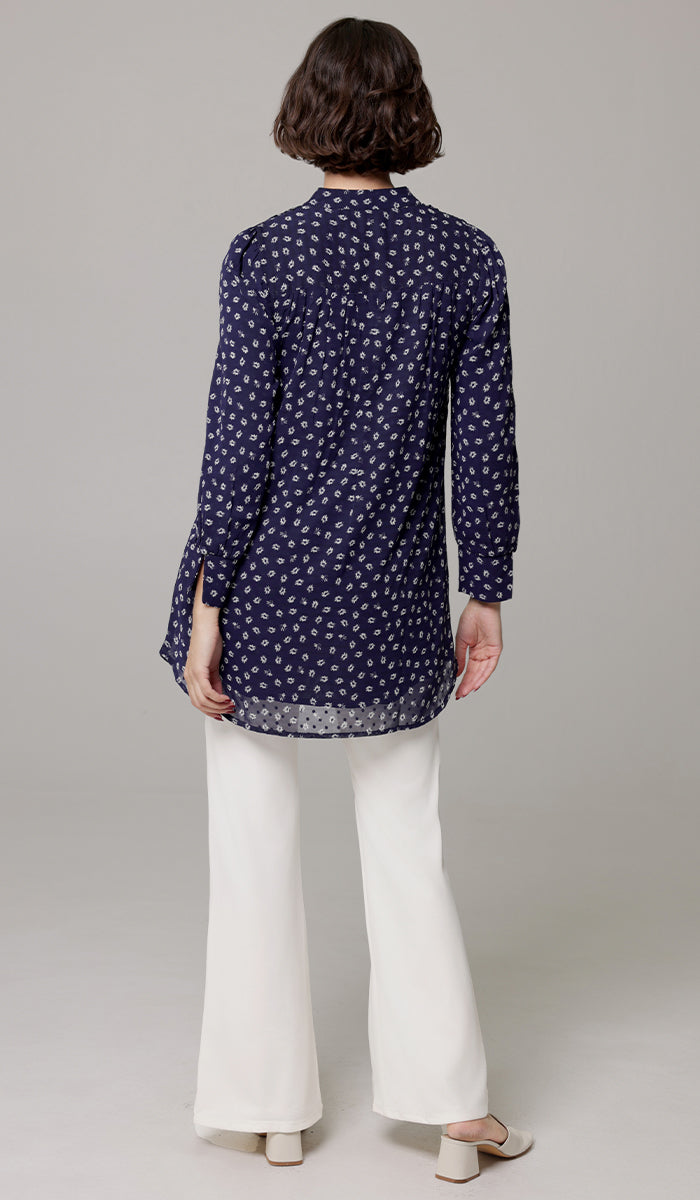 Shaina Long Chiffon Print Modest Top - Navy floral - PREORDER (ships in 2 weeks)