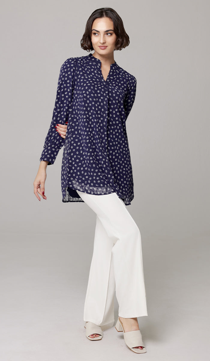 Shaina Long Chiffon Print Modest Top - Navy floral - PREORDER (ships in 2 weeks)