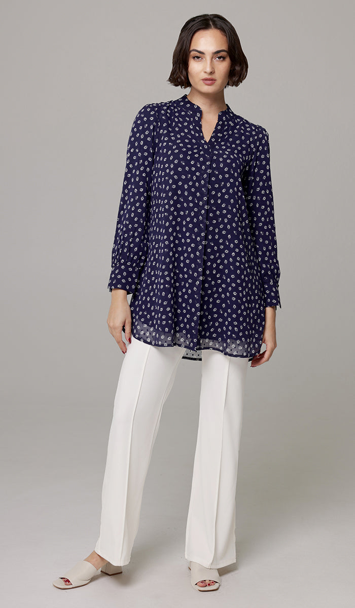 Shaina Long Chiffon Print Modest Top - Navy floral - PREORDER (ships in 2 weeks)