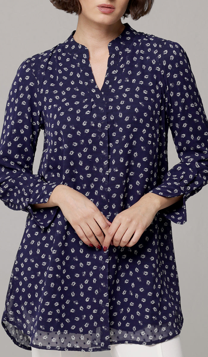 Shaina Long Chiffon Print Modest Top - Navy floral - PREORDER (ships in 2 weeks)