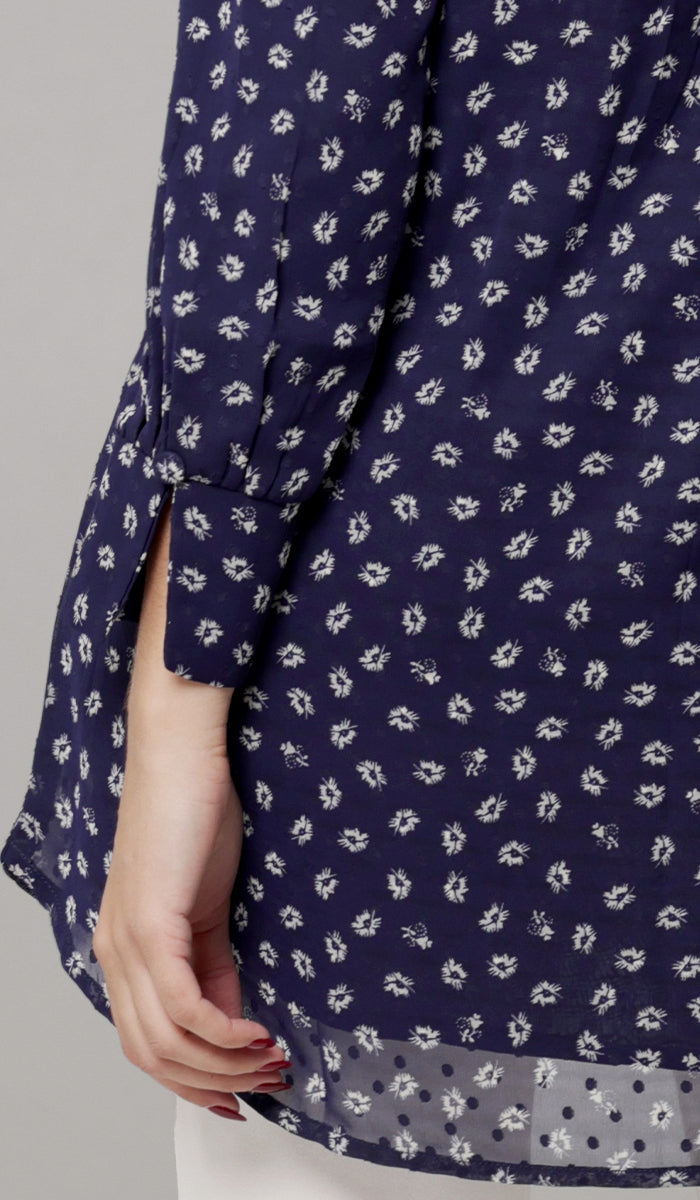 Shaina Long Chiffon Print Modest Top - Navy floral - PREORDER (ships in 2 weeks)