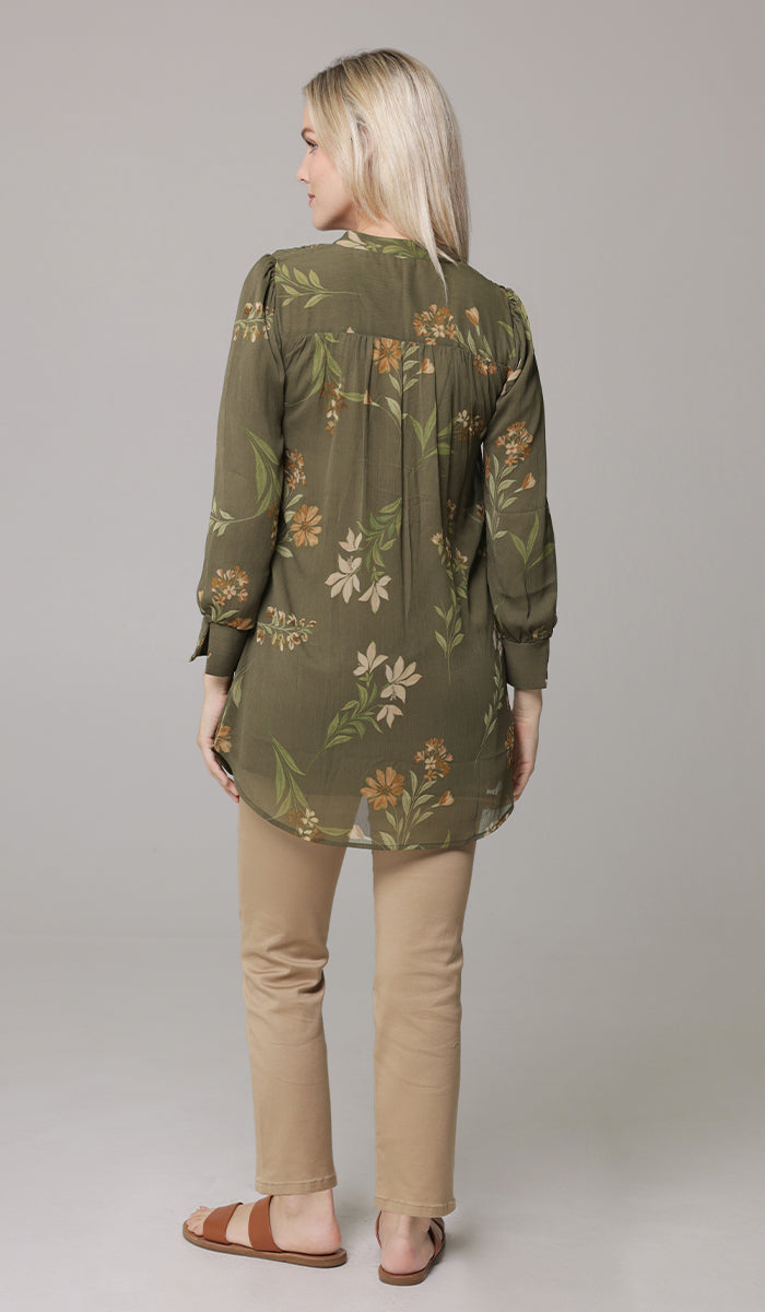 Back view of modest chiffon tunic in Olive. 