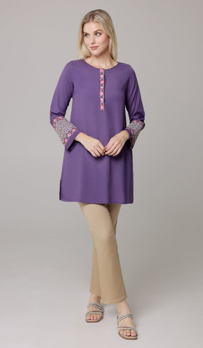 Siyar Embroidered Modest Formal Tunic - Iris/Gold - PREORDER (ships in 2 weeks)