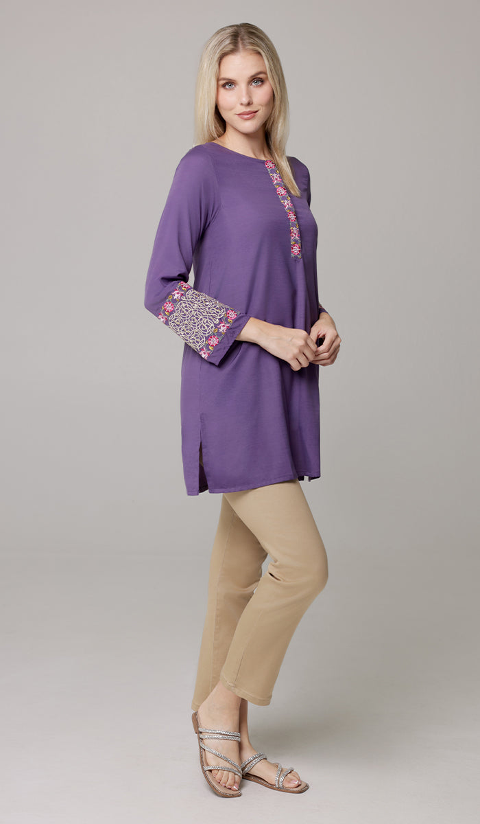 Siyar Embroidered Modest Formal Tunic - Iris/Gold - PREORDER (ships in 2 weeks)