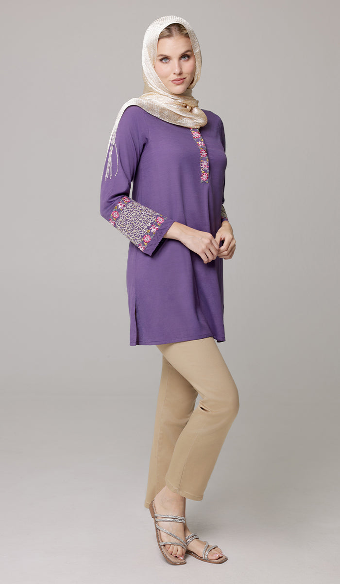 Siyar Embroidered Modest Formal Tunic - Iris/Gold - PREORDER (ships in 2 weeks)