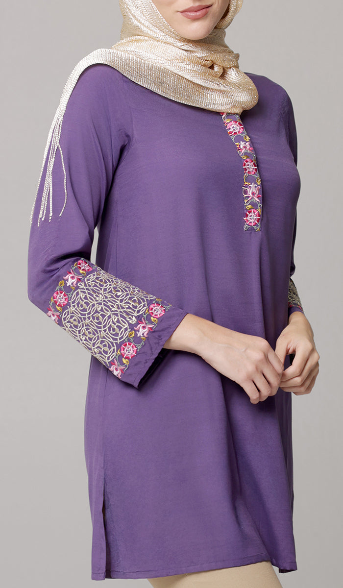 Siyar Embroidered Modest Formal Tunic - Iris/Gold - PREORDER (ships in 2 weeks)