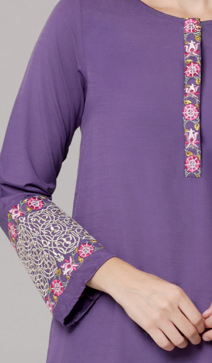 Siyar Embroidered Modest Formal Tunic - Iris/Gold - PREORDER (ships in 2 weeks)