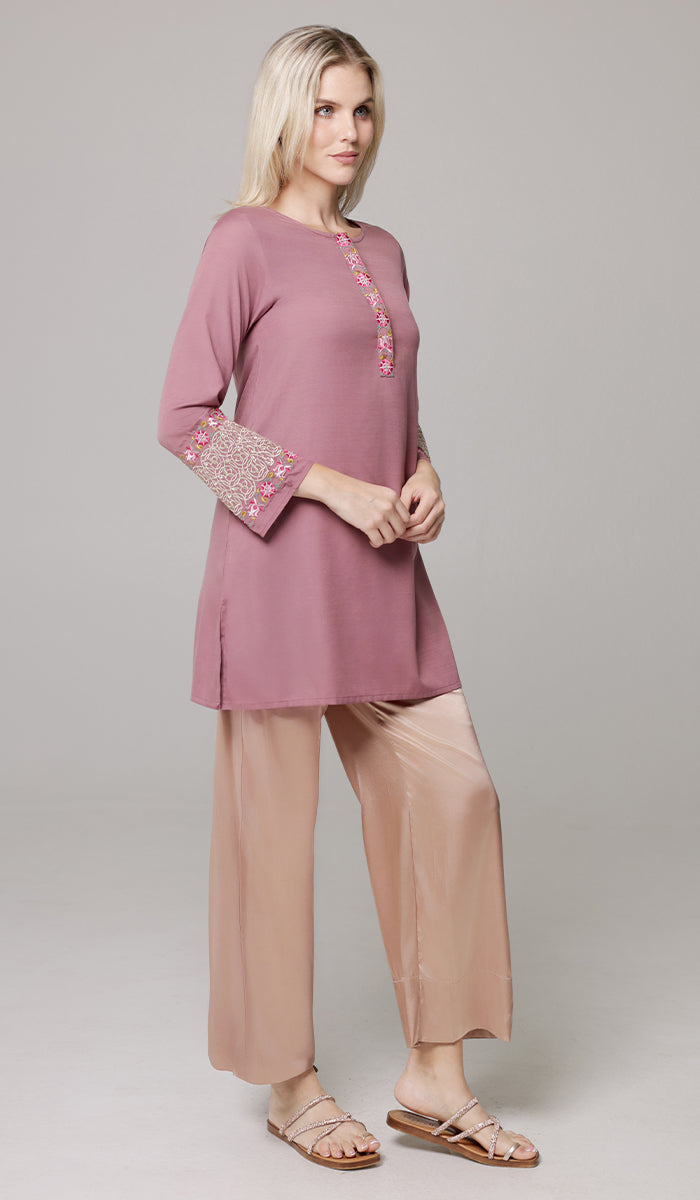 Siyar Embroidered Modest Formal Tunic - Mauve/Gold - PREORDER (ships in 2 weeks)