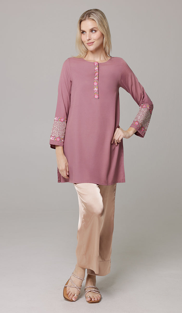 Siyar Embroidered Modest Formal Tunic - Mauve/Gold - PREORDER (ships in 2 weeks)