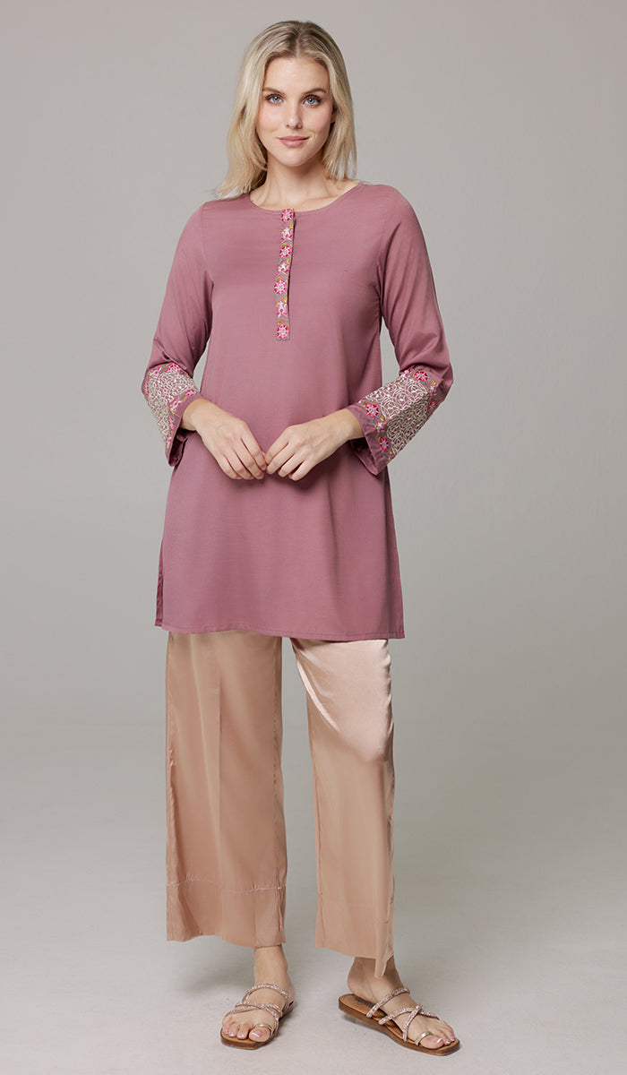 Siyar Embroidered Modest Formal Tunic - Mauve/Gold - PREORDER (ships in 2 weeks)