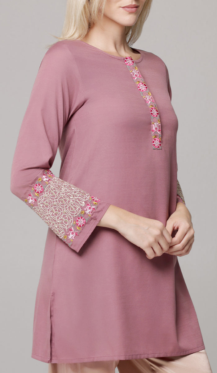 Siyar Embroidered Modest Formal Tunic - Mauve/Gold - PREORDER (ships in 2 weeks)