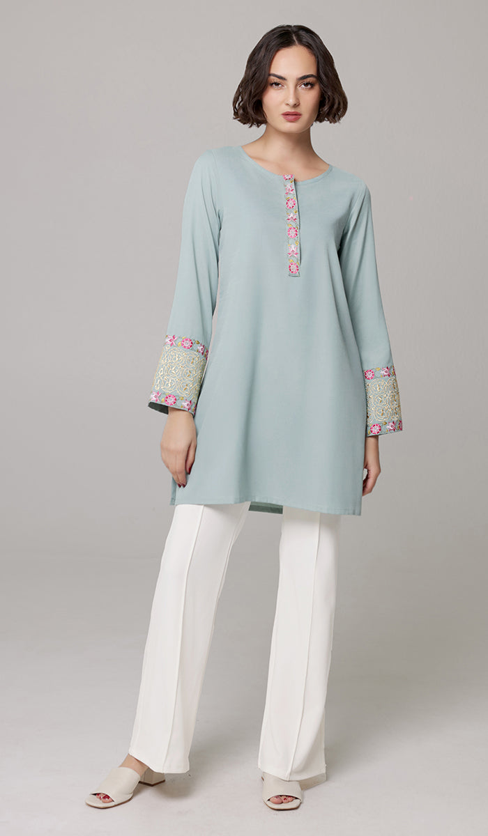 Siyar Embroidered Modest Formal Tunic - Sage/Gold