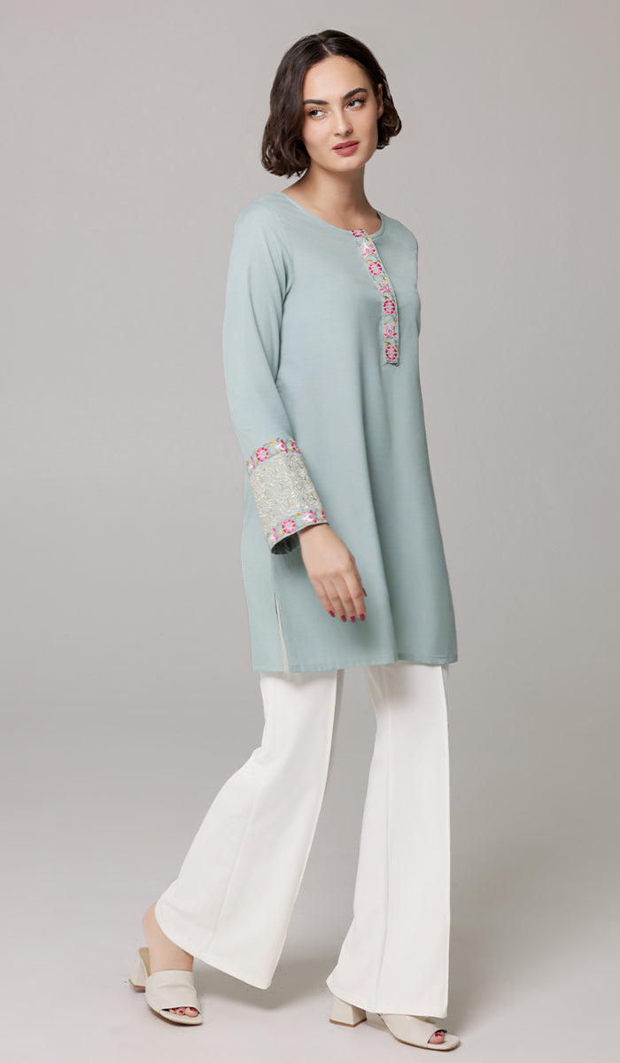 Siyar Embroidered Modest Formal Tunic - Sage/Gold - PREORDER (ships in 2 weeks)