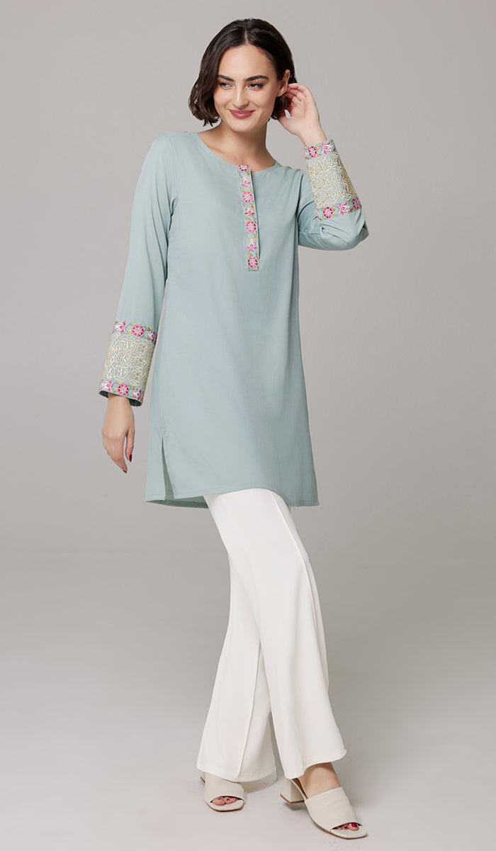 Siyar Embroidered Modest Formal Tunic - Sage/Gold