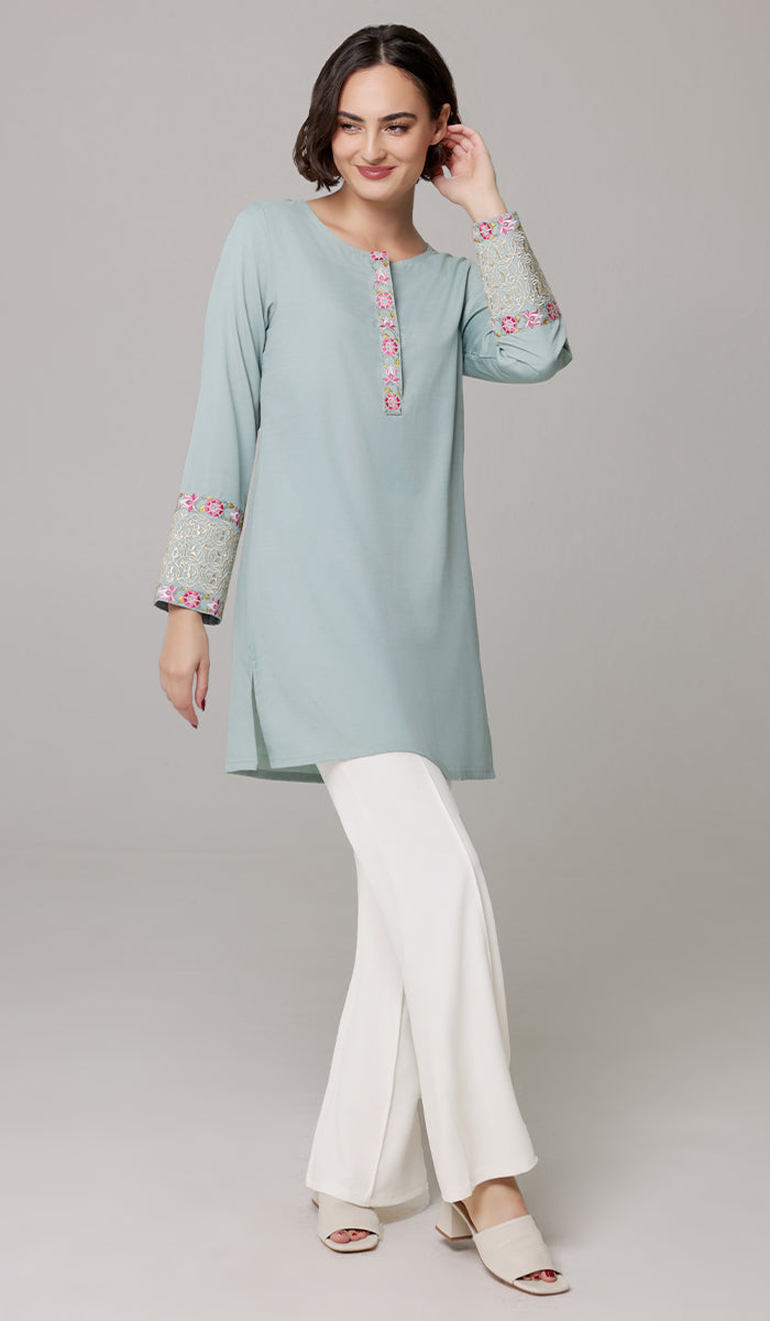 Siyar Embroidered Modest Formal Tunic - Sage/Gold - PREORDER (ships in 2 weeks)