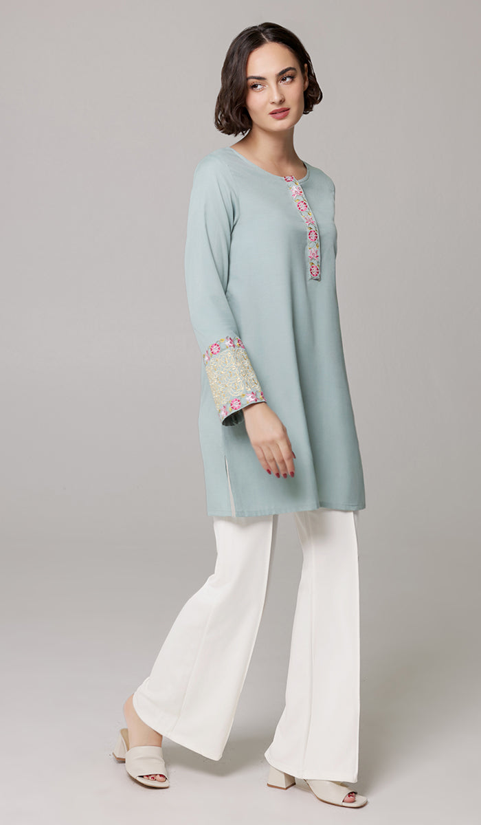 Siyar Embroidered Modest Formal Tunic - Sage/Gold