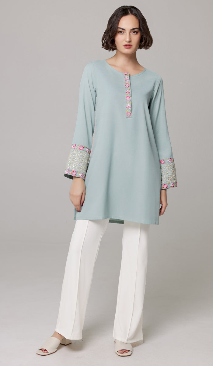 Siyar Embroidered Modest Formal Tunic - Sage/Gold - PREORDER (ships in 2 weeks)