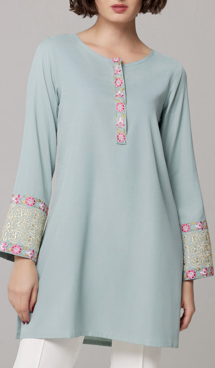 Siyar Embroidered Modest Formal Tunic - Sage/Gold