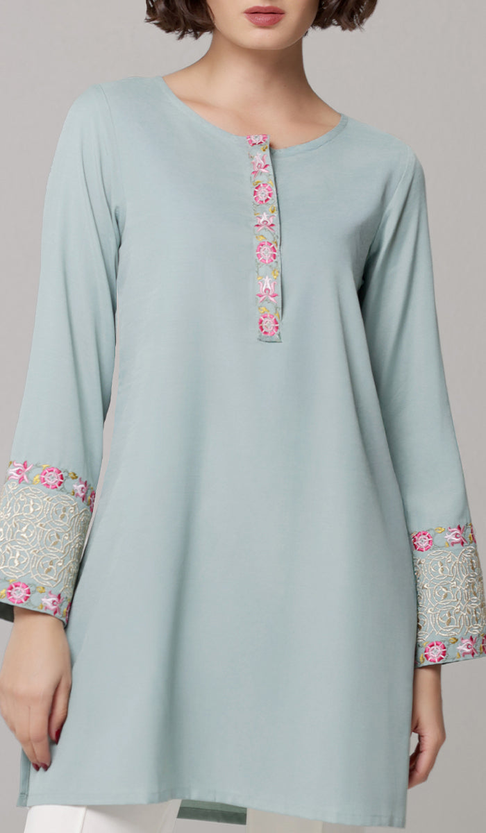 Siyar Embroidered Modest Formal Tunic - Sage/Gold - PREORDER (ships in 2 weeks)