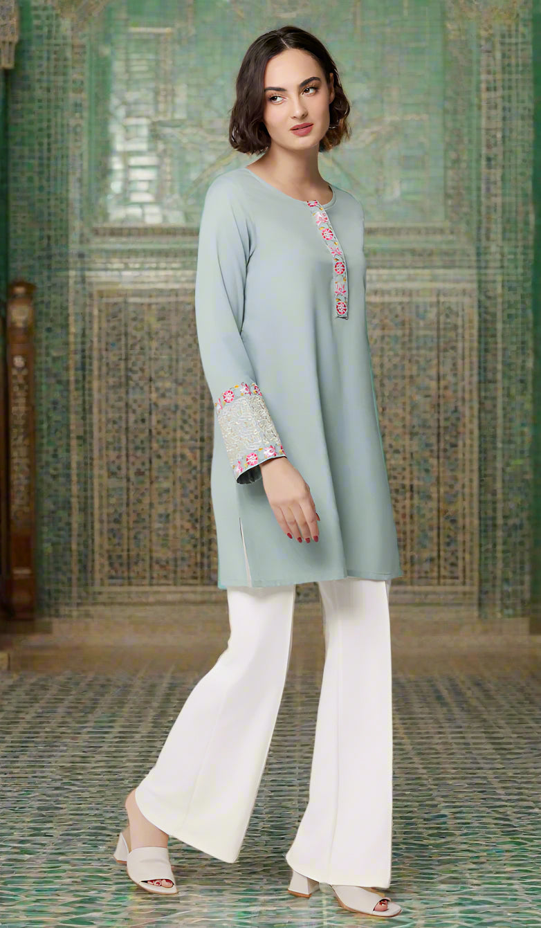 Siyar Embroidered Modest Formal Tunic - Sage/Gold