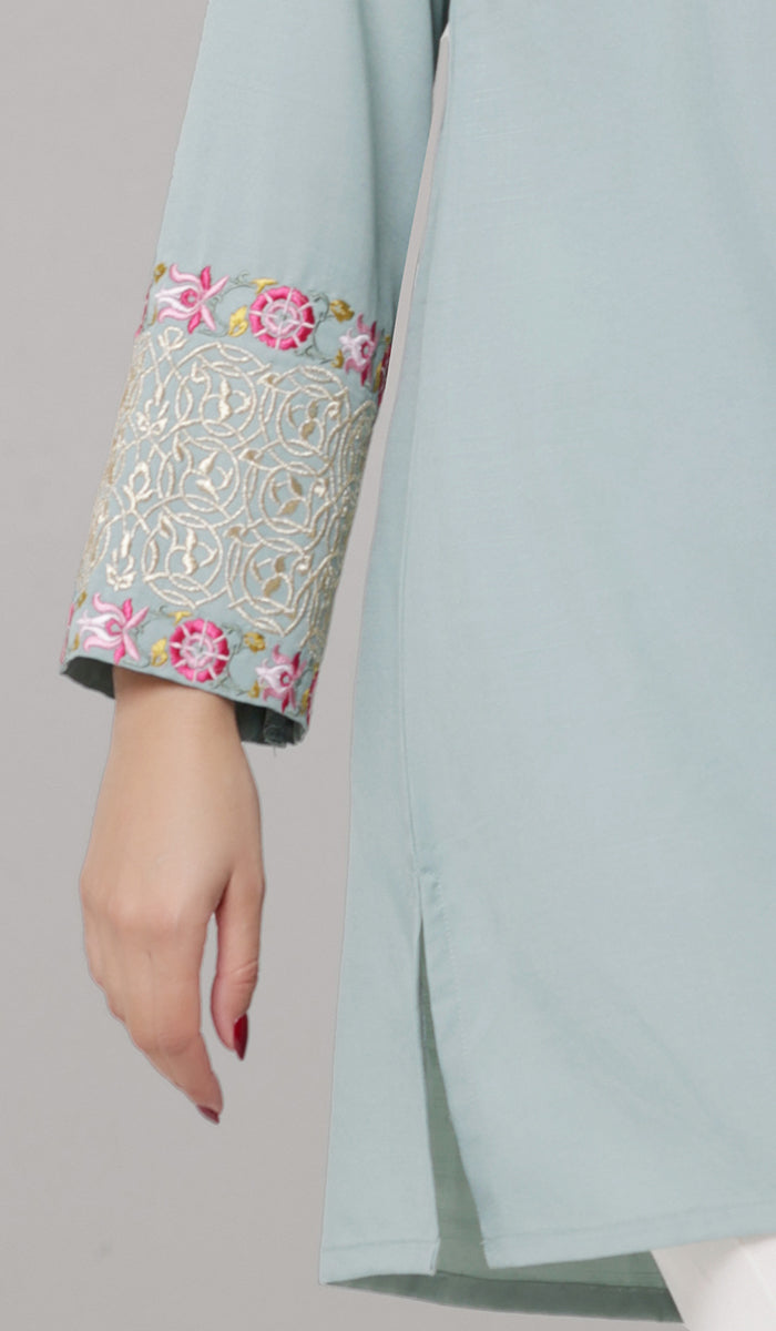 Siyar Embroidered Modest Formal Tunic - Sage/Gold - PREORDER (ships in 2 weeks)