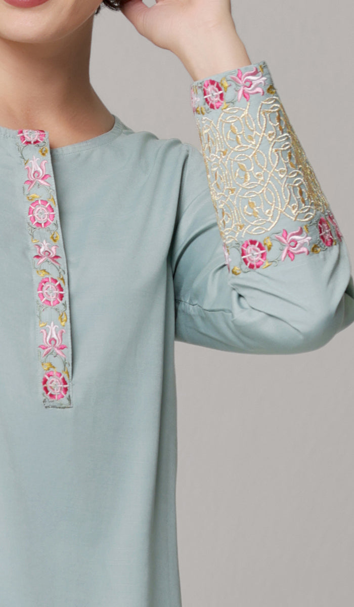 Siyar Embroidered Modest Formal Tunic - Sage/Gold