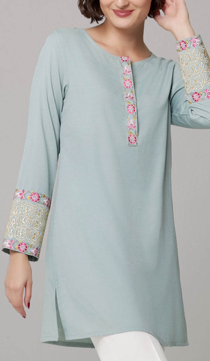 Siyar Embroidered Modest Formal Tunic - Sage/Gold