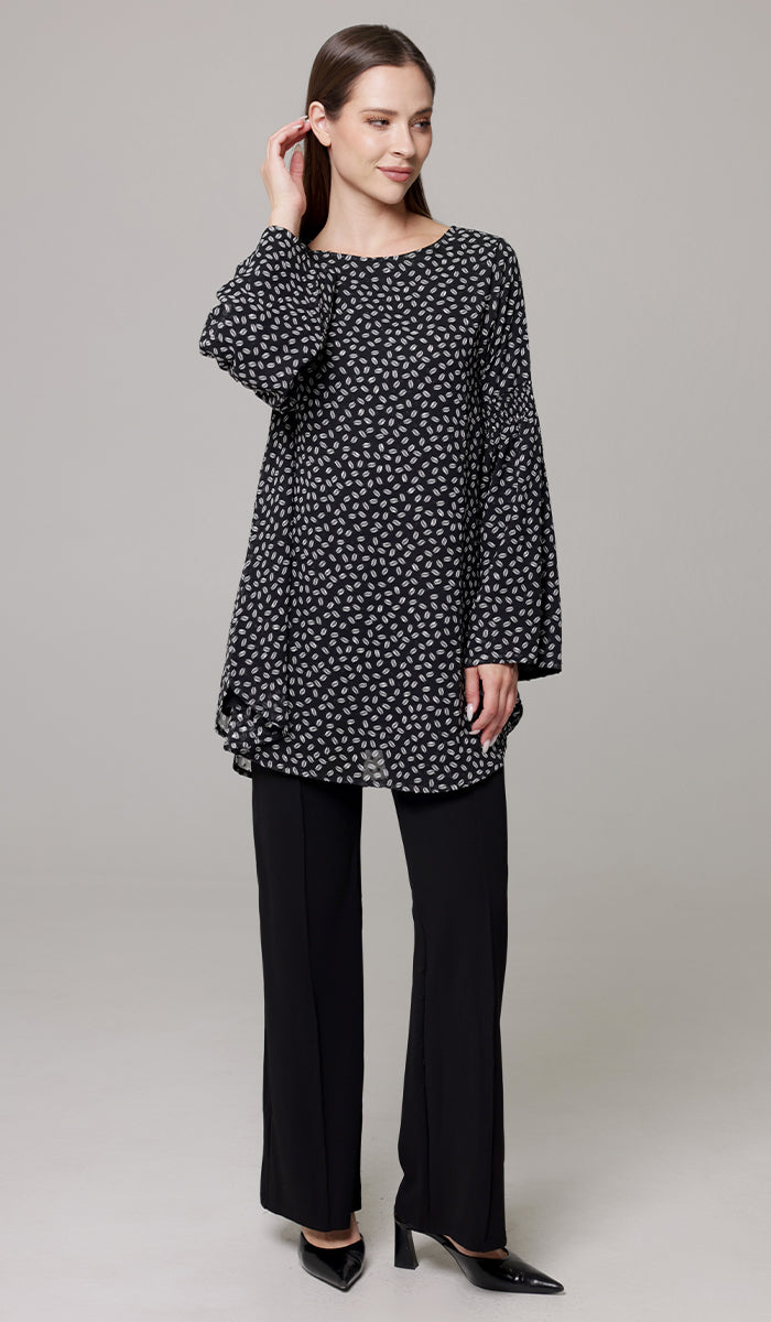 Sundus Long Chiffon Print Modest Top - Black/White Dot - PREORDER (ships in 2 weeks)