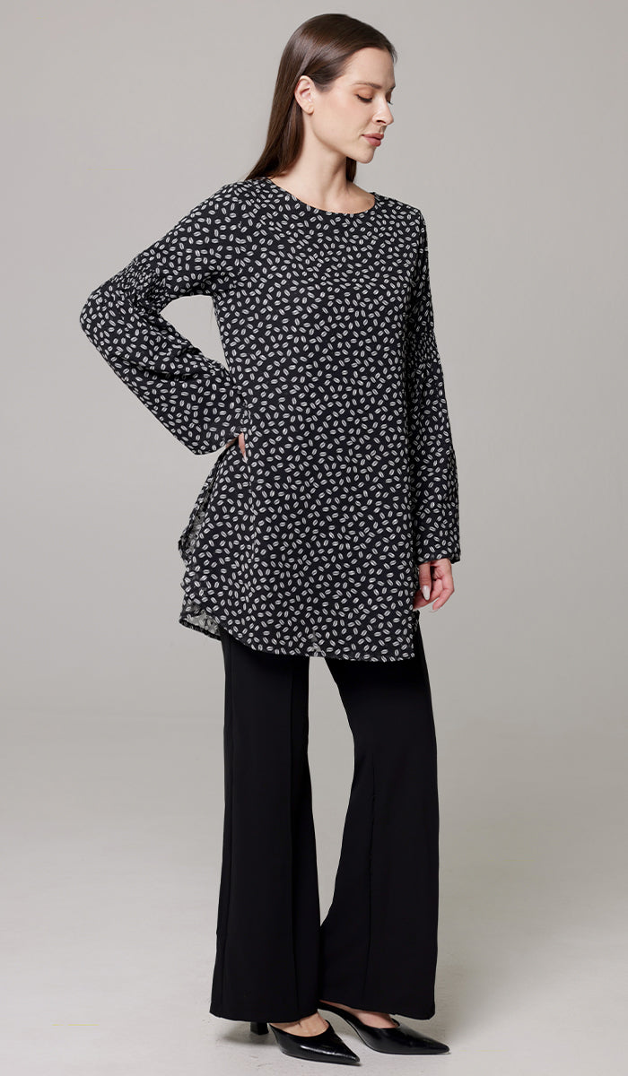 Sundus Long Chiffon Print Modest Top - Black/White Dot - PREORDER (ships in 2 weeks)