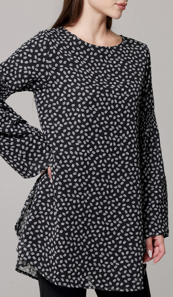 Sundus Long Chiffon Print Modest Top - Black/White Dot - PREORDER (ships in 2 weeks)