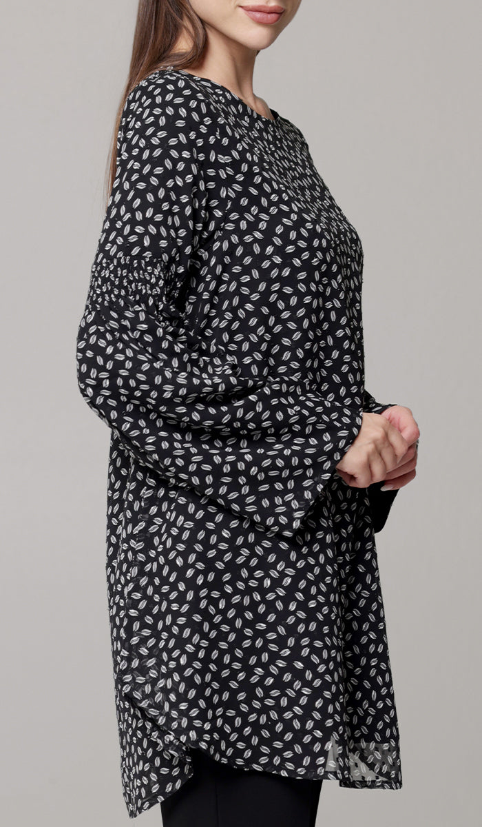 Sundus Long Chiffon Print Modest Top - Black/White Dot - PREORDER (ships in 2 weeks)