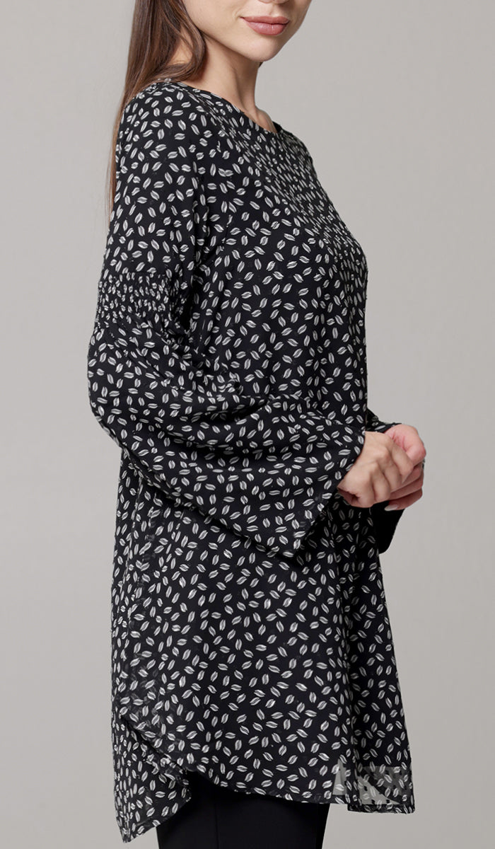 Sundus Long Chiffon Print Modest Top - Black/White Dot